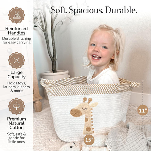 15x11 Giraffe Storage Basket for Nursery Large Cotton Rope Bin with Soft Felt Animal Patch Toy Organizer, Baby Laundry
