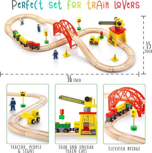 Wooden Train Sets for Boys 2-7, 38 Pcs Wood Train Set with Crane, Bridge & Tracks for 3 Year Olds