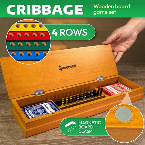 Set 4 24 Cribbage Board Game with Storage Wooden Track Cribbage Board for Players with Metal Pegs & Playing Cards
