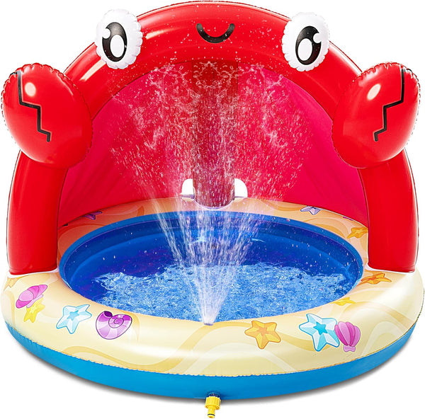 Sloosh Baby Pool Toddler Sprinkler, Crab Splash Pool with Canopy, Baby Wading