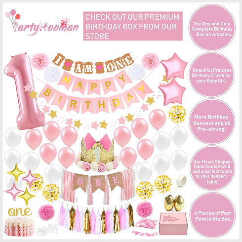 1st Birthday Girl Decorations WITH Crown - 1 Year Old Baby First Birthday Decorations - Princess Theme Cake Smash Party
