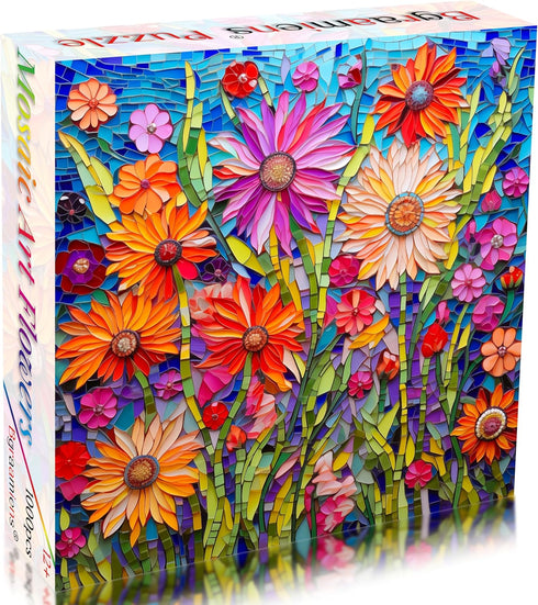 Bgraamiens Puzzle-Mosaic Art Flowers-1000 pieces Ceramic Tile Mosaic Art Puzzle for Adults, Stained Glass Art Puzzle with Flowers, Impossible Puzzle Color Challenge Flowers puzzle for adults