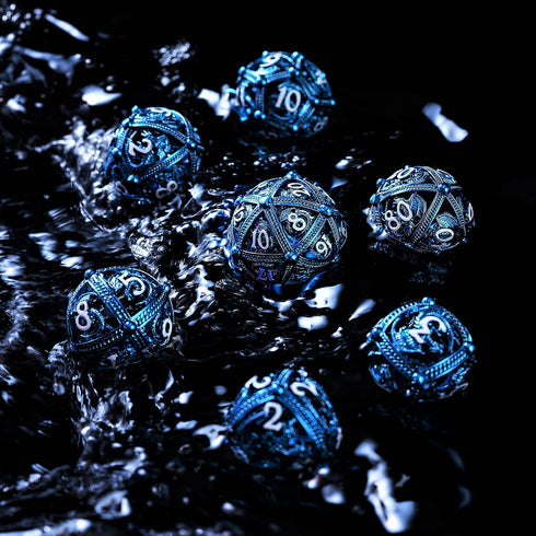 Unique Round Hollow Orb Metal DND Dice Set for Role Playing Games (RPG) - Stunning Blue Dragon Dice