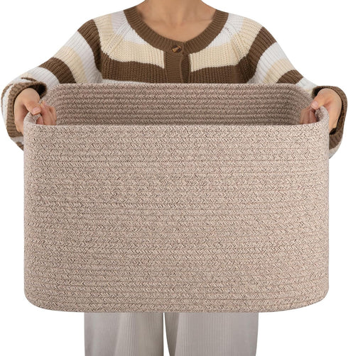 OIAHOMY Cotton Rope Basket, Rectangle Woven Toy Storage Basket with Handle, 18”x14”x12”, Organizing, Brown Variegated