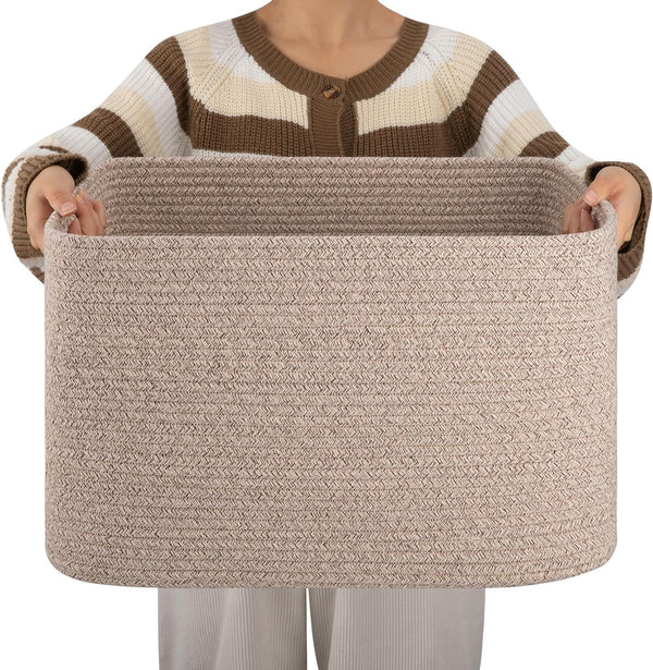 OIAHOMY Cotton Rope Basket, Rectangle Woven Toy Storage Basket with Handle, 18”x14”x12”, Organizing, Brown Variegated