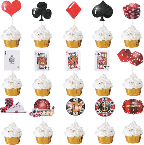 32pcs Casino Cupcake Toppers - Casino Poker Theme Party Decorations for Las Vegas Casino Night Birthday Supplies