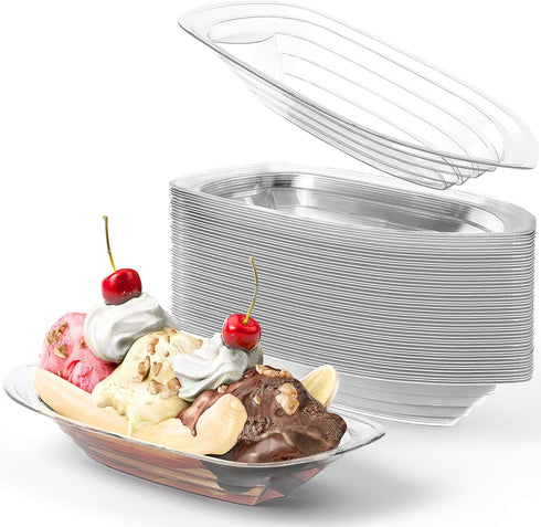 Avant Grub 50 Pack Recyclable 8oz Plastic Banana Split Boats, Durable Disposable Ice Cream Sundae Dishware