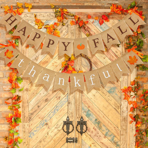2 Pieces Happy Fall Banner Thankful Burlap Thanksgiving Banner for Mantle, Pumpkin Maple Leaf Garland Decoration