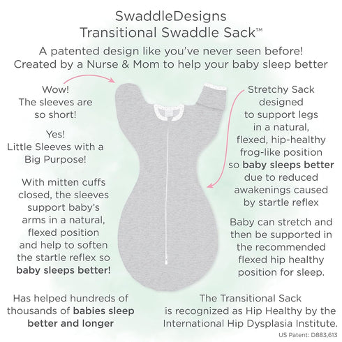 SwaddleDesigns Transitional Swaddle Sack with Arms Up, Half-Length Sleeves, Small, 0-3 months, 6-14 lbs, Heathered Denim