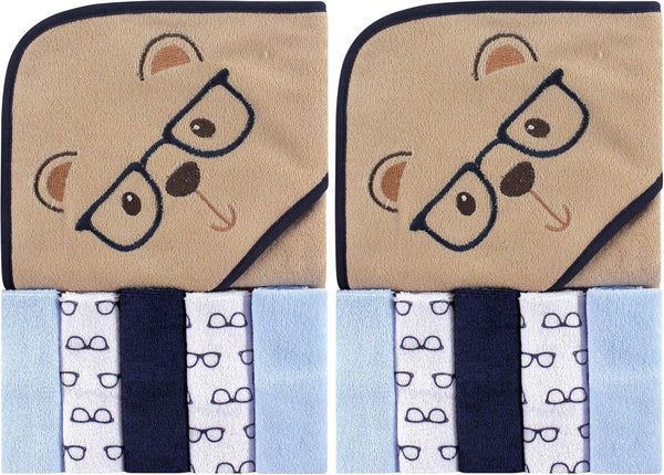 Luvable Friends Unisex Baby Hooded Towel with Five Washcloths, Smart Bear, One