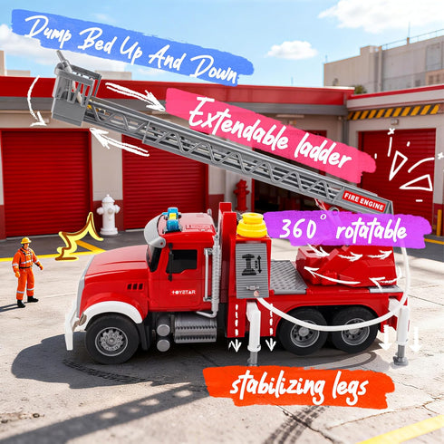 1:12 3, 4, 5, 6, 7 SMILESSKIDDO Fire Truck Toy - Large Friction Powered Fire Rescue Truck with Water Pump, Extendable