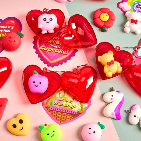 28 Packs JOYIN Valentine's Day Heart Gift Cards with Mochi Squishy Toys and Heart Shells, Stress Relief Fidget Toys