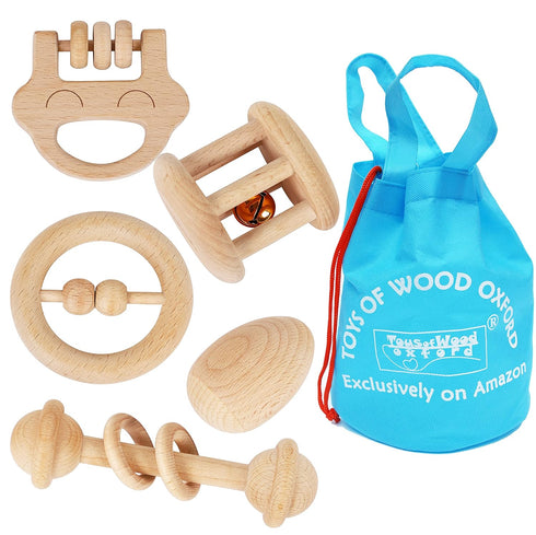6 TOWO Wooden Rattles Maracas Baby Toys Months-Organic Eco Toys for Infant Grasping Teething Natural Tether Musical
