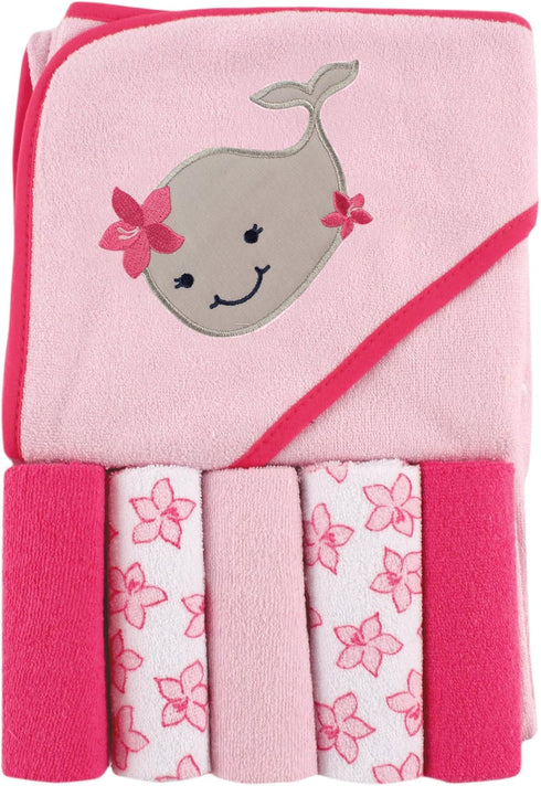 Luvable Friends Unisex Baby Hooded Towel with Five Washcloths, Girly Whale, One Size