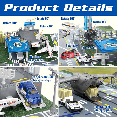 Set XDUOYJOY Airplane Toy with Trucks, Helicopter, Planes and Playmat, Airport Aviation Toys for Boys Girls, Great Gift