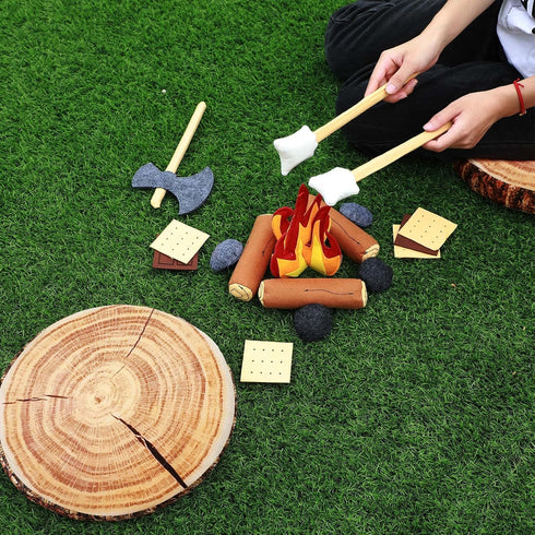 17 Pcs Pretend Camping Play Set - Decorative Round Throw Pillows, Safe Fake Campfire Plush Wood Shaped Floor Cushion