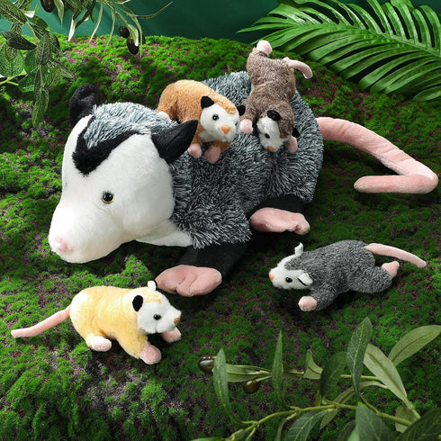 5 Pcs Stuffed Opossum Plush Toy Set, 1 Mommy Opossum with 4 Cute Baby Opossums, Gift for Opossum Lovers