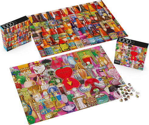 2-Pack of 1000-Piece Jigsaw Puzzles for Adults, Families, and Kids Ages 8 and Up, Perfume and Craft Beer Bottles