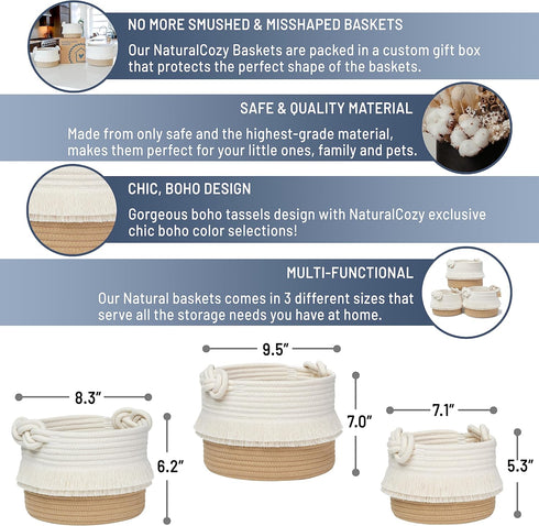 NaturalCozy 3-Piece Cotton Rope Woven Decorative Storage Basket Set – Organizing Baskets for Nursery Baby Stuff, Gift