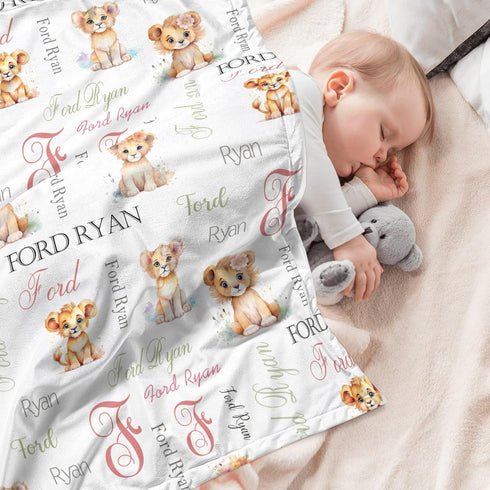 Novusopt Monogrammed Personalized Baby Lion Custom Blanket with Floral Design Receiving Blanket for Newborn Girls