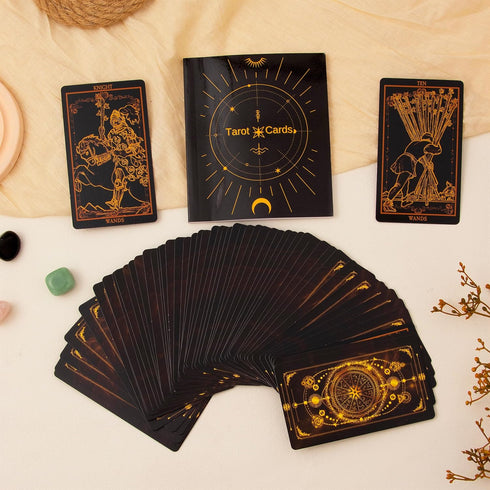 78 Set SUGEYA Tarot Cards with Guide Book, Black Tarot Deck Gift with Tarot Cloth, Chakra Stones and More, Tarot Cards