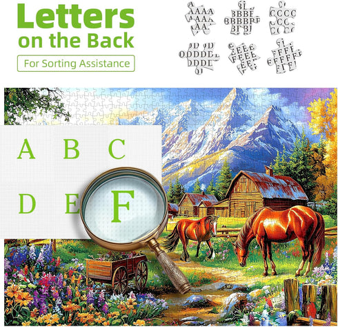 1000 (27.5 19.7 Inch) Pieces Jigsaw Puzzles for Adults, Mountain Landscape Puzzles with Grazing Horses and Log Cabin