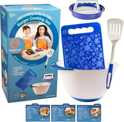 Masterchef Junior Kid's Burger Cooking Set - 9 Pc Kit with Real Cookware for Children, Bowl, Recipes, Hamburger Press