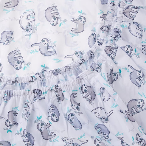 Fitted Crib Sheet in Soft Grey, White & Aqua Sloth Pattern