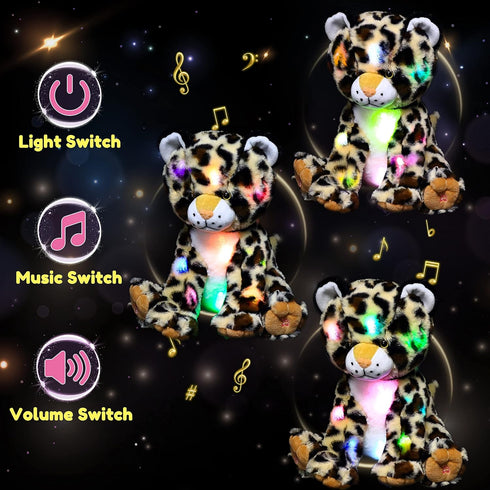 11'' Hopearl LED Musical Plush Leopard Lighting Up Cheetah Stuffed Animal Panther Floppy Night Lights Glow in The Dark