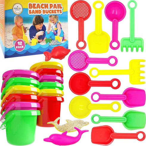 The Dreidel Company Mini Beach Day Playsets (Pack of 12) with Sand Bucket, Pail, Shovel, and Dolphin Fish Toy