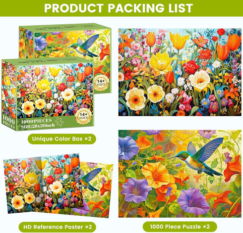 2 Pack Puzzles for Adults 1000 Pieces, Thick and Durable Hummingbirds and Flowers Jigsaw Puzzles