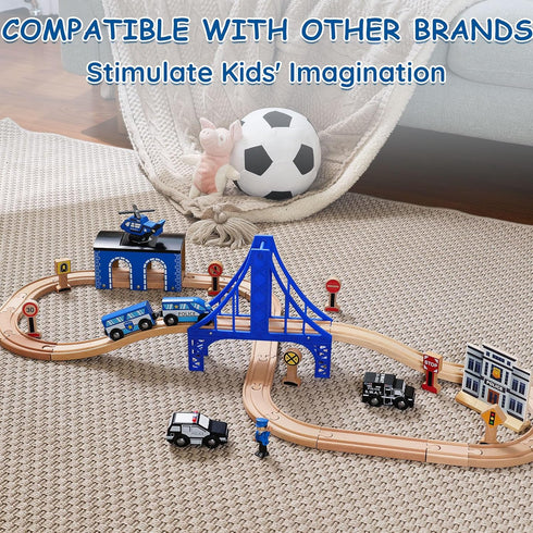 Set Playset SainSmart Jr. Wooden Train - Interactive Police for Kids | Building Toy with Train, Figures & Accessories |