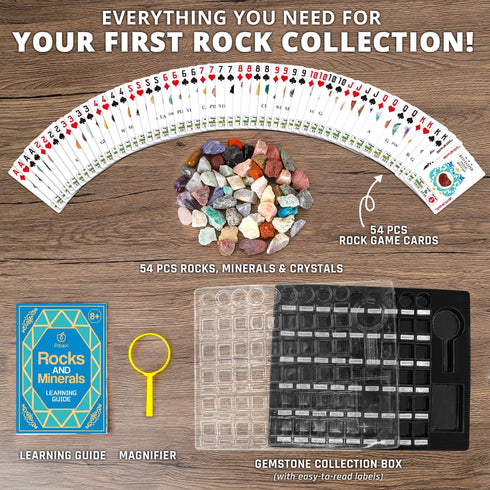 54 8+ PIBEX Rock Collection Starter Kit - Pcs Assorted Gemstones, Crystals, Rocks & Minerals, with Learning Book & ID