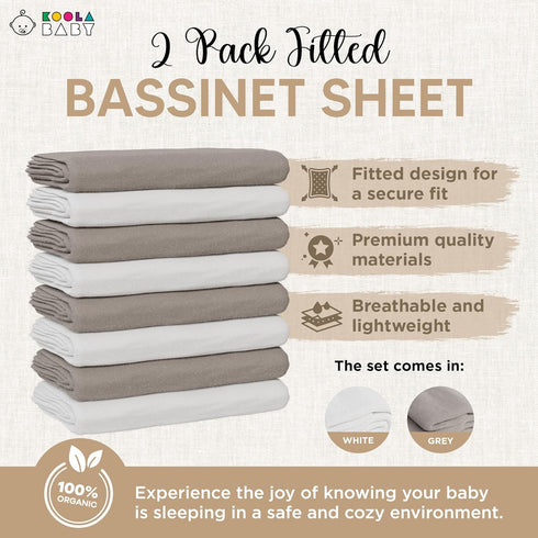100% Cozy 2 Pack Bassinet Sheet for Bassinet Mattress - Organic Jersey Knit Cotton - Snuggly Soft & Sheets Fitted
