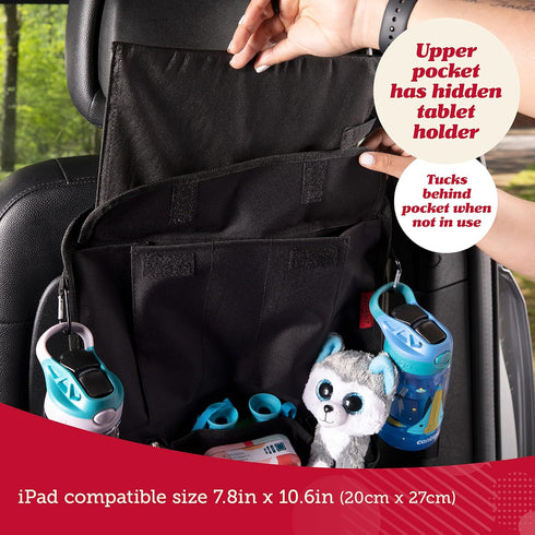 12 Lusso Gear Backseat Car Organizer- Kick Mat Protects Against Kids Feet - Large Storage Pockets - iPad,Tablet, Water
