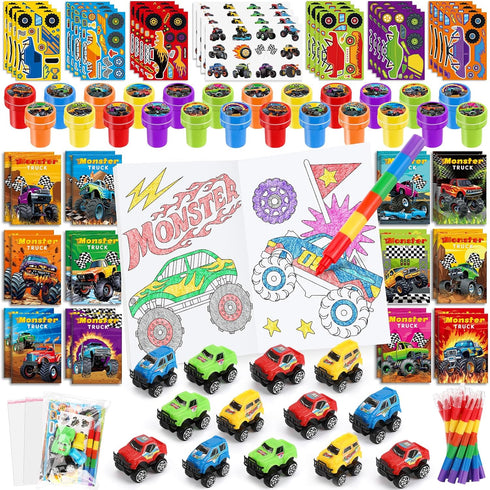 BenLouis 168Pcs Monster Truck Party Favors Truck Car Theme Coloring Books Crayons