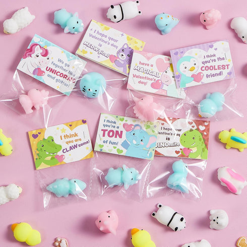 28 Packs 14 JOYIN Valentines Day Gift Cards with Mochi Squishy Toys, Design Kawaii Animal Mochi Squishy Toys, Stress