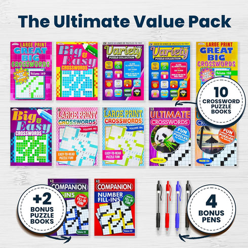 Variety Savings 10-Pack 2 4 (8 10) Large Print Crossword Puzzles for Seniors Plus Fill-In Puzzle Books and Pens - Big