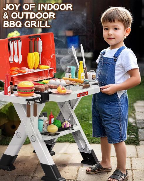 STACTCUTE 60pcs Playset Set 4-8, 4 5 6 7 8 Kids BBQ Grill Kitchen with Sound & Smoke, Play Toy Grill for Kids Ages