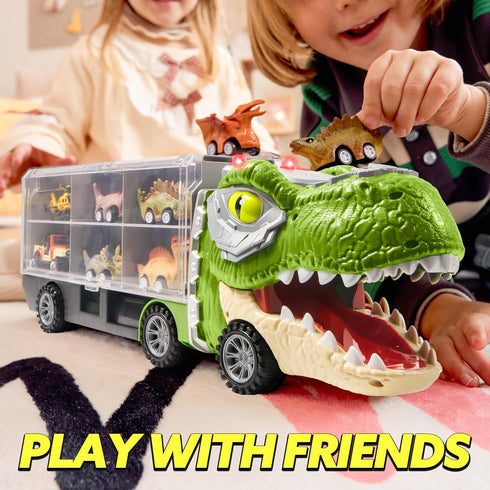 JOYIN 13 in 1 Dinosaur Toys for Kids 3-5, Dinosaur Truck with 12 Pull Back Cars, Birthday Gifts for Boys