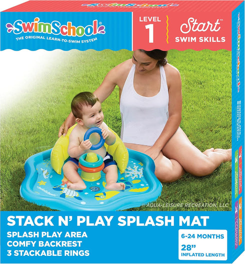 SwimSchool Baby Splash Play Mat, Inflatable Play Pool for Babies with Backrest, Includes Baby Water Toy Rings (Seafoam