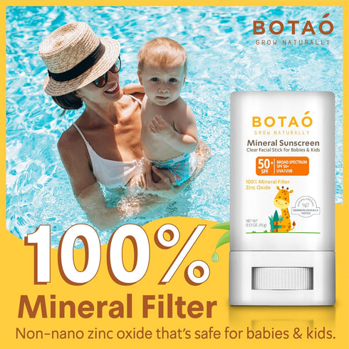 Baby Mineral Sunscreen Stick, 100% Zinc Oxide SPF 50+, Water Resistant for Sensitive Skin