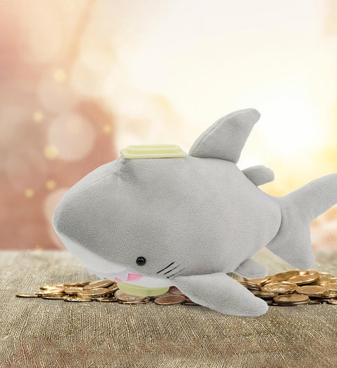 DolliBu Gray Shark Plush Coin Bank, Soft Stuffed Piggy Bank, 9 Inches