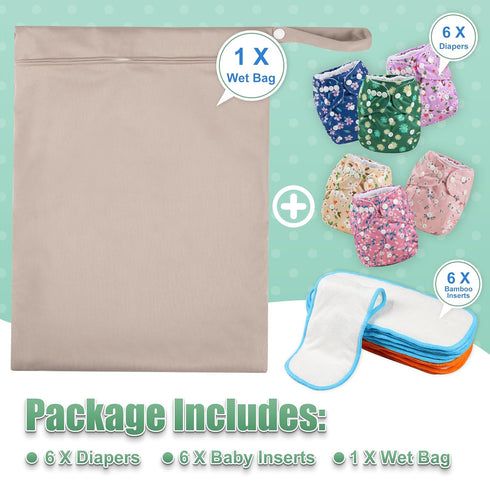 6 Pack Wegreeco Cloth Diapers with Inserts & Wet Bag, Washable Reusable Diapers for Babies, One Size Adjustable