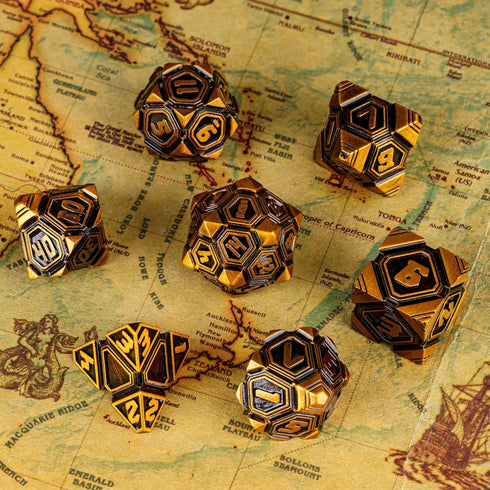 Metal UFO Dice Set: 7 Die Metal Polyhedral Dice for DND Role Playing Games with Skull Bag (Ancient Gold)