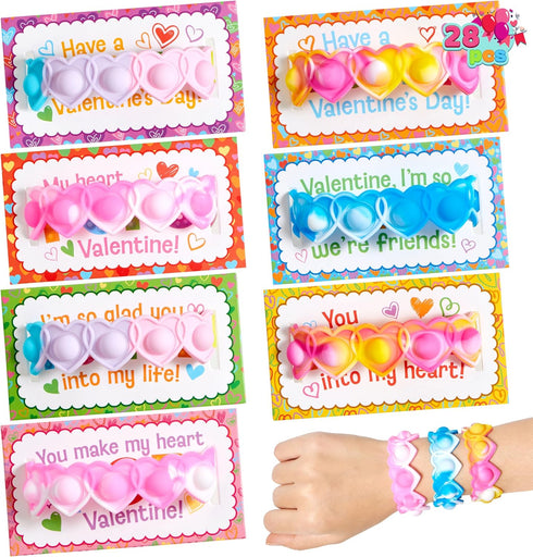 JOYIN 28 PCS Valentine's Day Gifts Cards with Heart Pop Fidget Bracelets,