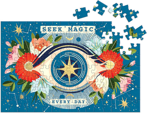 Galison Seek Magic Every Day 128 Piece Matchbox Puzzle – Cosmic Art of EurekartStudio, Giftable Foil Stamped Box