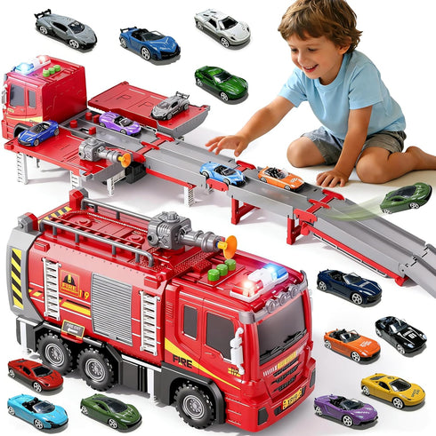 BuddyBight 3in1 Fire Truck Toy with Foldable Race Track & 12 Diecast Race