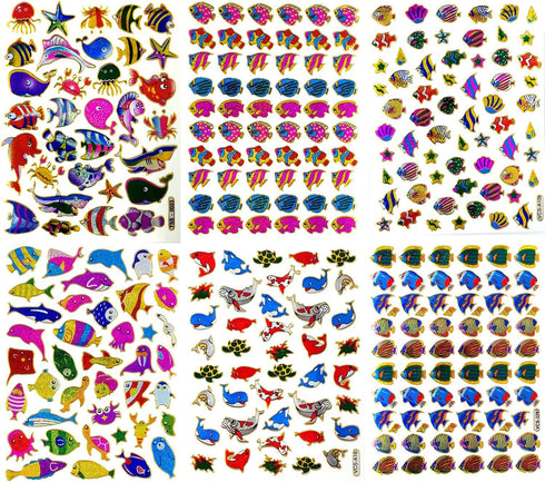 Fish007 - 6 Sheets of Fish Scrapbook Stickers, Small Reflective Fish Stickers for Kids - 4 X 5.25"/sheet (Clownfish,