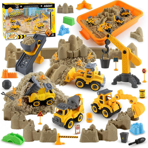 Asoxt 43-Piece Construction Sensory Playset 2 lbs Play Sand, 4 DIY Trucks, Crane